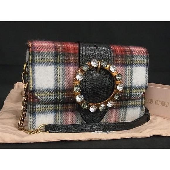 Miu Miu Wool Plaid 2WAY Shoulder Bag Mini Bag Red - Picture 1 of 8